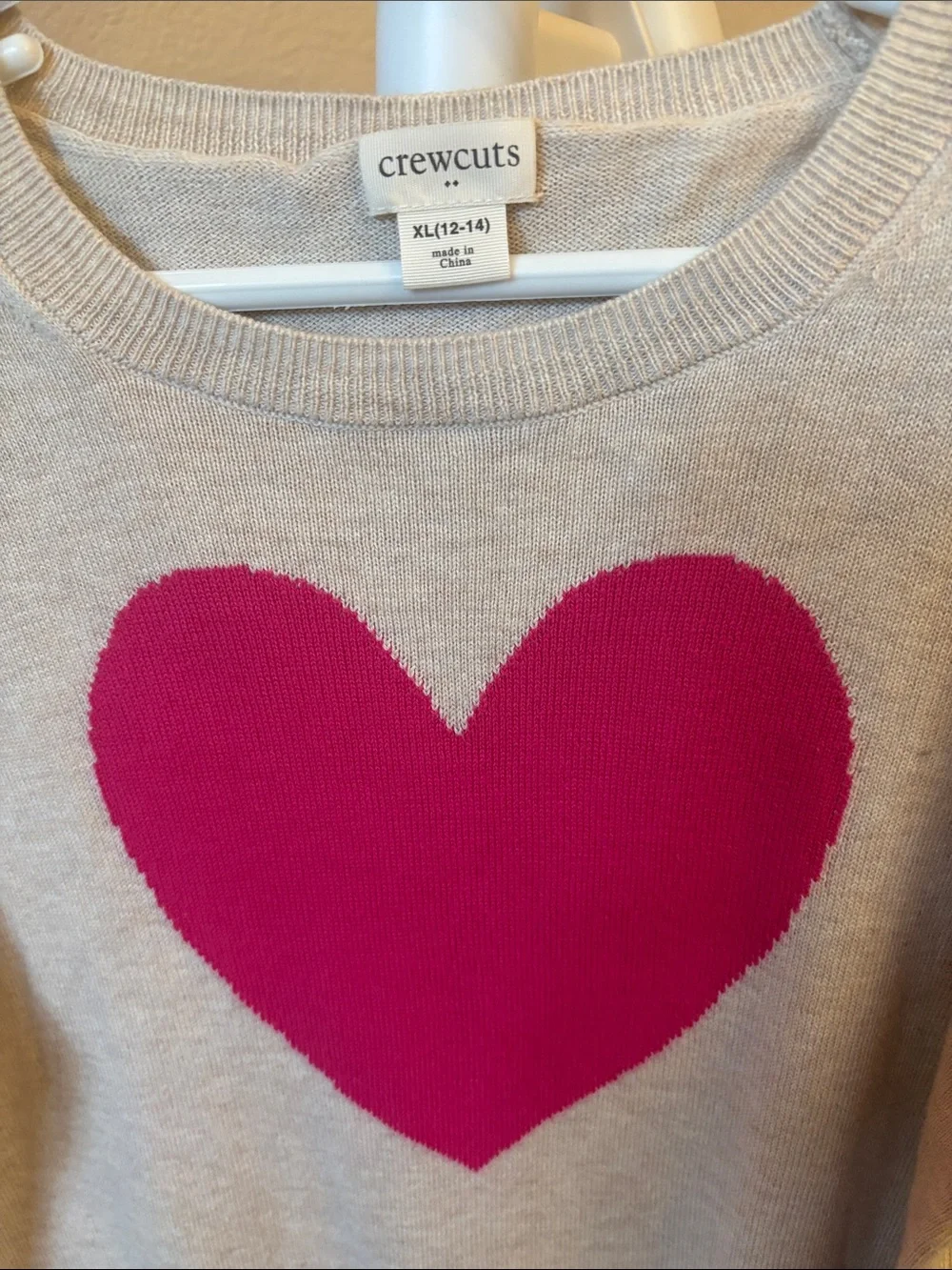 Crewcuts Beige Sweater with Bright Pink Heart Graphic